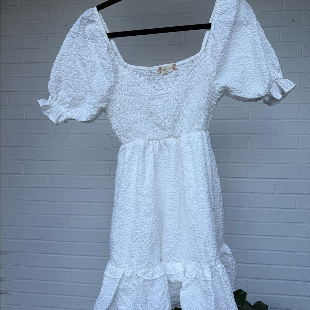 White Textured Puff Sleeve Dress
